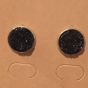 12mm‎ Black Druzy Silver Post Stud Earrings